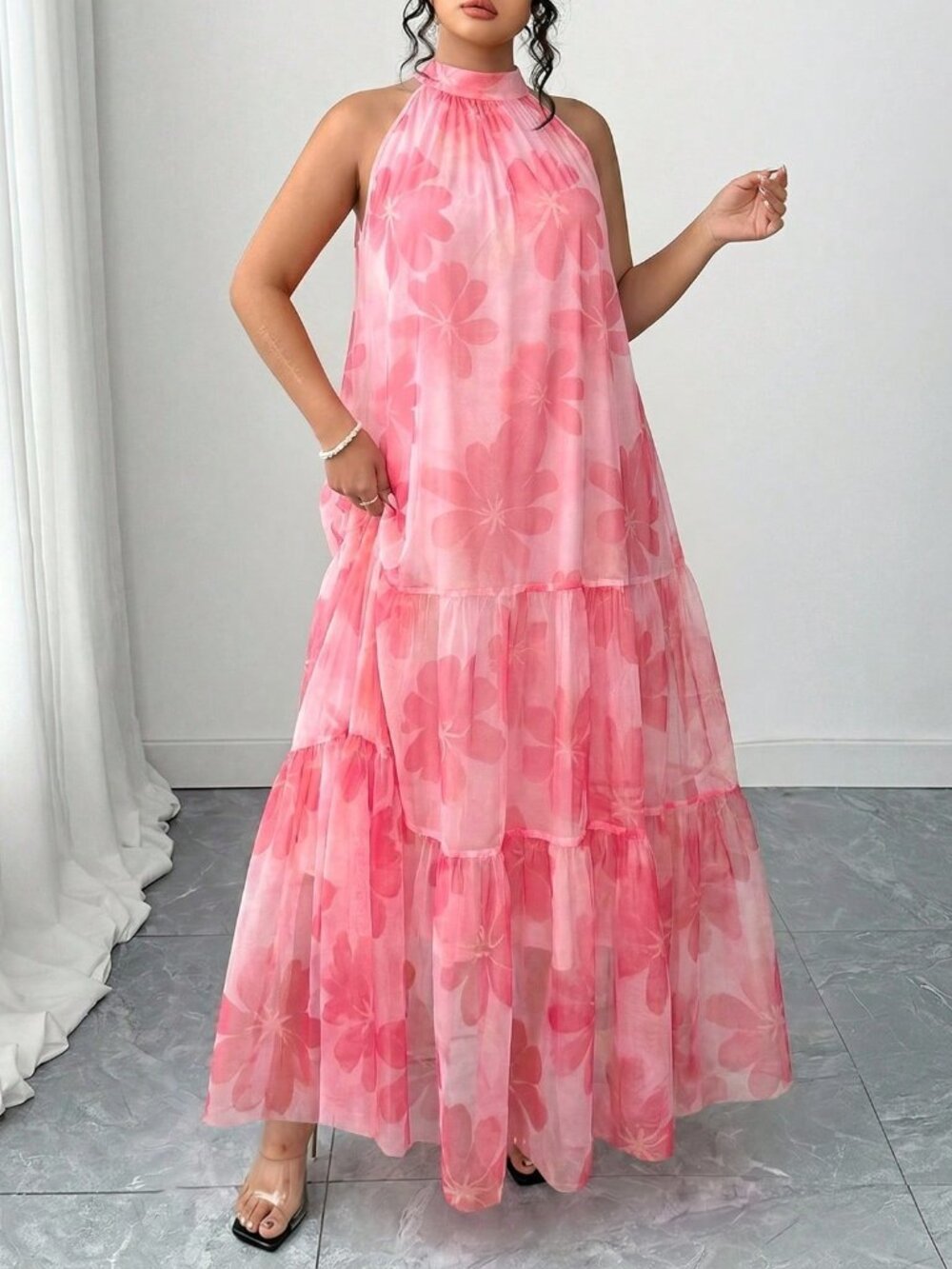 Pink Casual Women's Plus Size Elegant Woven Sleeveless Floral Dress - Picture 3 of 4